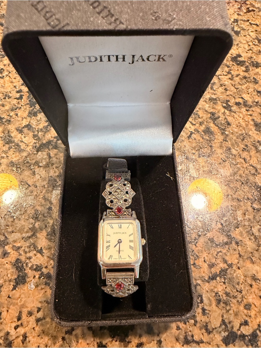 Vintage Judith Jack Marcasite Style Ladies Watch w/ Red Crystal Accents & Box